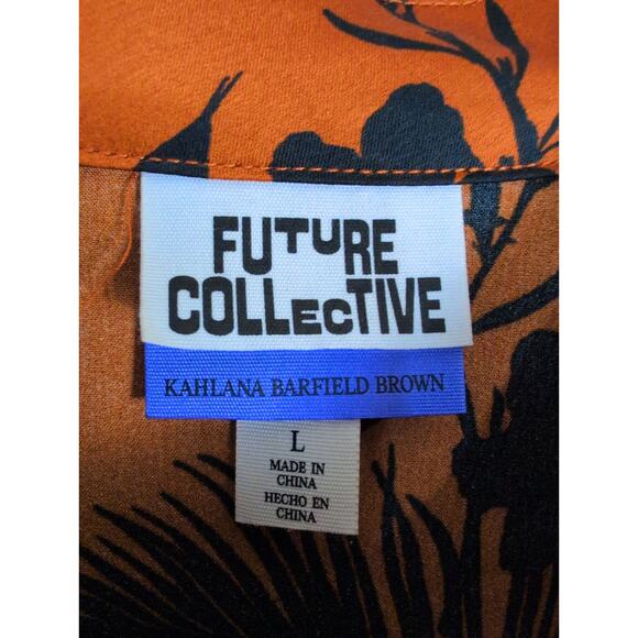Future Collective Kahlana Barfieild Brown floral satin asymmetrical dress Large - Picture 4 of 9